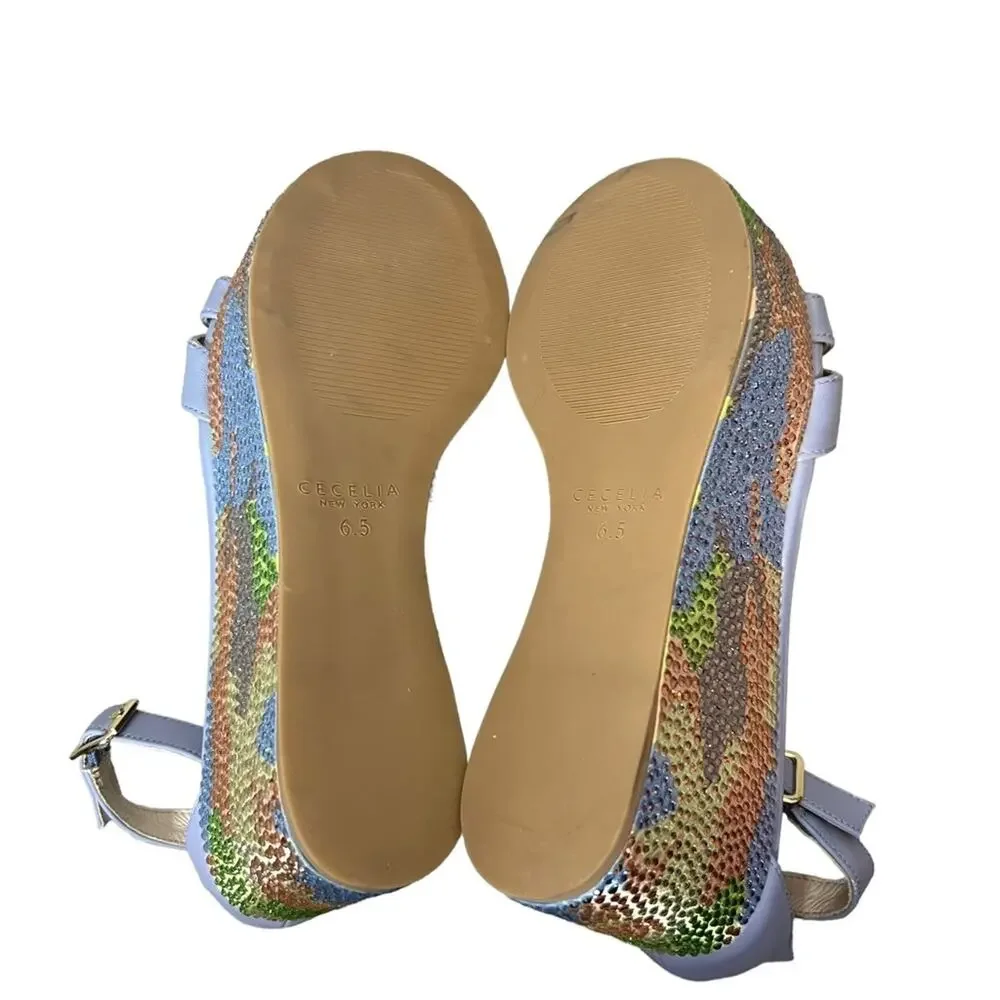Cecelia New York Bella Camo Crystal Detailed Platform Ankle Strap Wedges Sandals